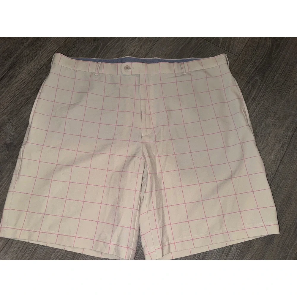 Peter Millar Mens 40 Performance Golf Shorts Pink Windowpane Check Wicking Stone